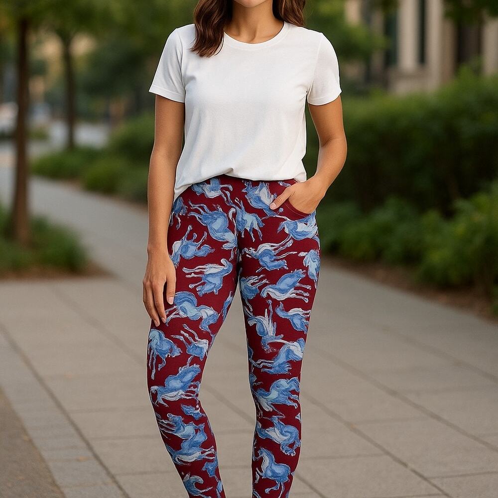 LuLaRoe Womens OS Burgundy‎ Blue Unicorn Horse Print Leggings Rare Pattern